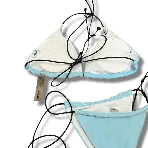 🌟 SHEIN Triangle Bikini Set Light Blue Adjustable Elastic Ties Swimwear Size L 🌟 - Picture 2 of 5